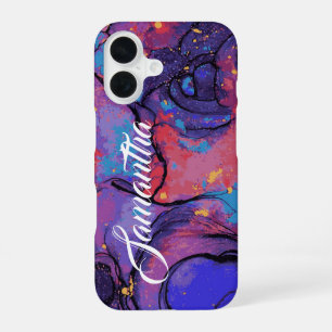 Coque iPhone 16 Nom personnalisé chic en marbre violet et rose