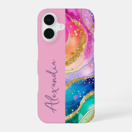 Coque iPhone 16 Nom personnel Rainbow Pink