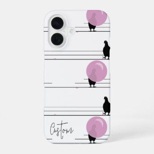 Coque iPhone 16 Oiseaux mignons au bubble gum sur un fil avec nom