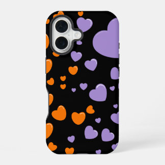 Coque iPhone 16 orange and purple hearts polka dots