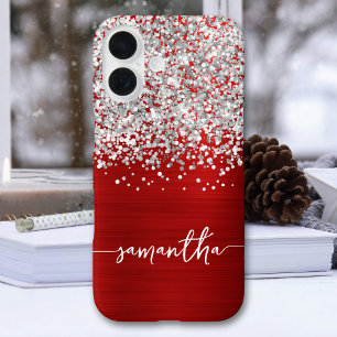 Coque iPhone 16 Pailleté Argent Paillettes Rouge Glam Nom