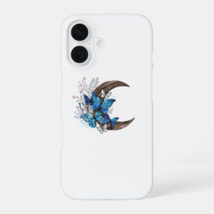 Coque iPhone 16 Papillons bleus sur croissant en bois