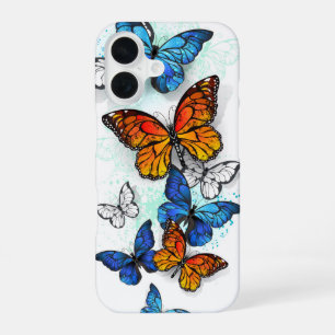 Coque iPhone 16 Papillons volants Morpho et Monarque