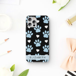 Coque iPhone 16 Pattes de chien, Pattes bleues, Cœurs blancs, Votr