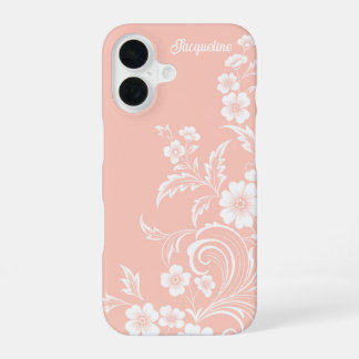 Coque iPhone 16 Pêche délicate et fleurs blanches