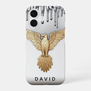 Coque iPhone 16 Pendentif Aigle Doré Ruisselant de Métal Liquide 