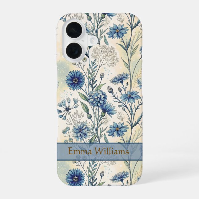 Coque iPhone 16 Personalized Name Blue Wildflowers (Verso)