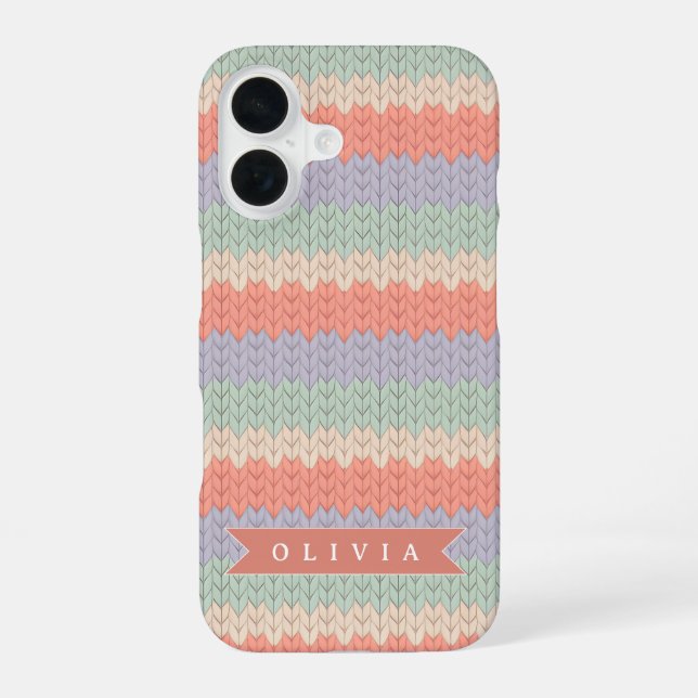 Coque iPhone 16 Personalized Scandinavian Pastel Knit Pattern Name (Verso)