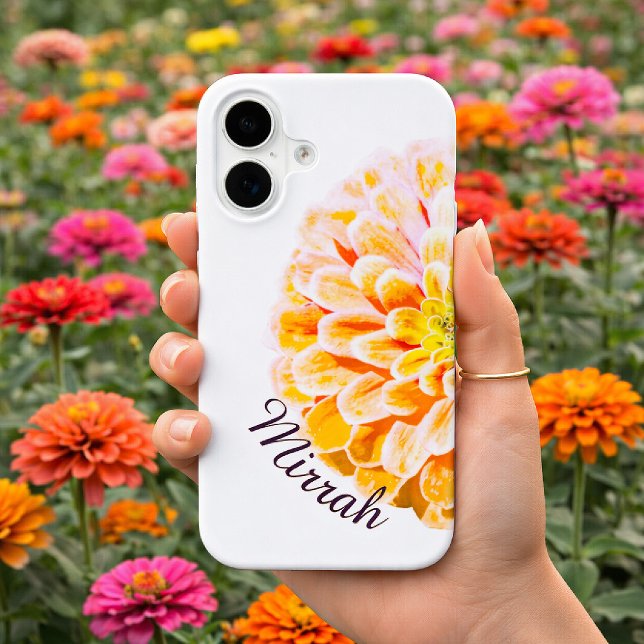 Coque iPhone 16 Personalized Zinnia Flower with Custom Name Floral (Custom Name Floral iPhone Case)