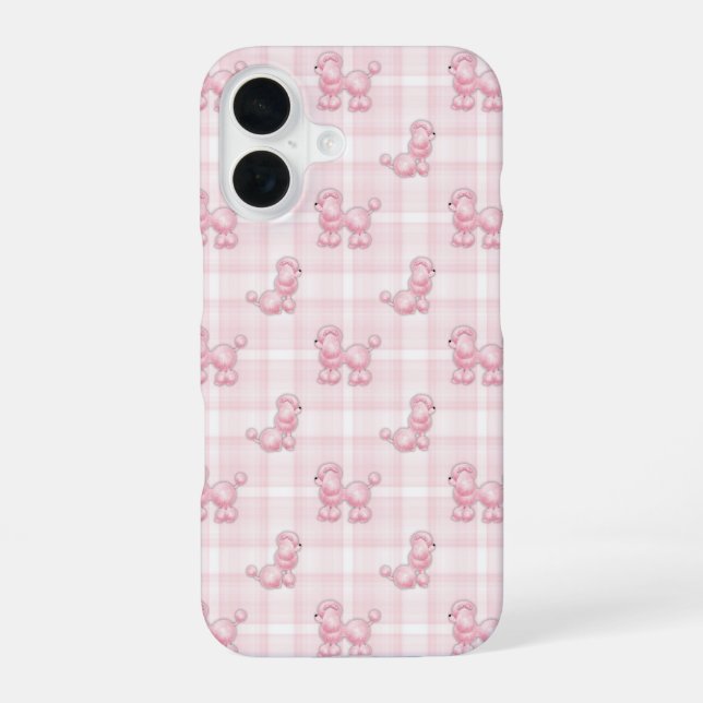 Coque iPhone 16 Poodles Roses Sur Plaid (Verso)