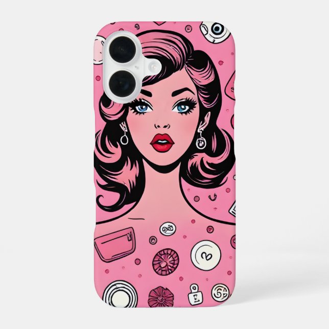 Coque iPhone 16 Pop art fille coque rose coque design (Verso)