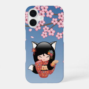 Coque iPhone 16 Poupée Kitsune Kokeshi - Black Fox Geisha Girl