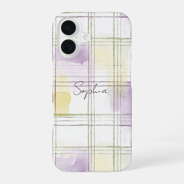 Coque iPhone 16 Purple Yellow White Plaid Stripes (Verso)