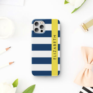 Coque iPhone 16 Rayures Bleu Marine, Motif Rayé, Votre Nom