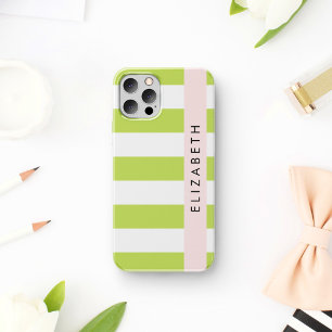 Coque iPhone 16 Rayures Vertes, Lignes, Motif Rayé, Votre Nom