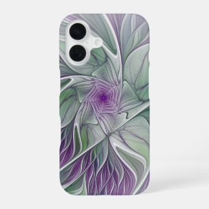 Coque iPhone 16 Rêve de fleurs, Abstrait violet vert Fractal Art