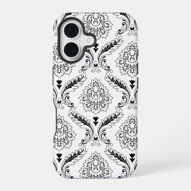 Coque iPhone 16 Rococo Damask Line Pattern Black on White (Verso)
