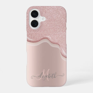 Coque iPhone 16 Rose Gold Pailleté Élégant Monogramme avec Gouttes