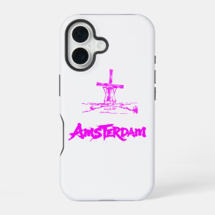 Coque iPhone 16 Rose Néon Moulin à Vent Amsterdam Esquisse Moderne