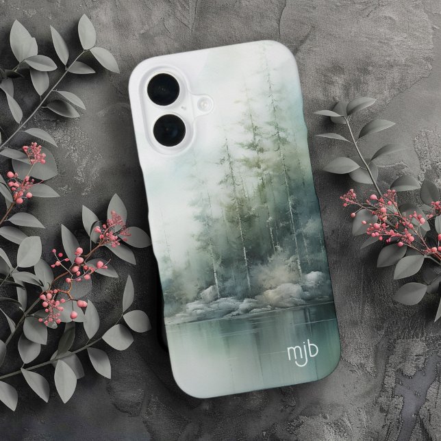 Coque iPhone 16 Rustic Mountain Lake Nature-Inspired with Monogram (Créateur téléchargé)