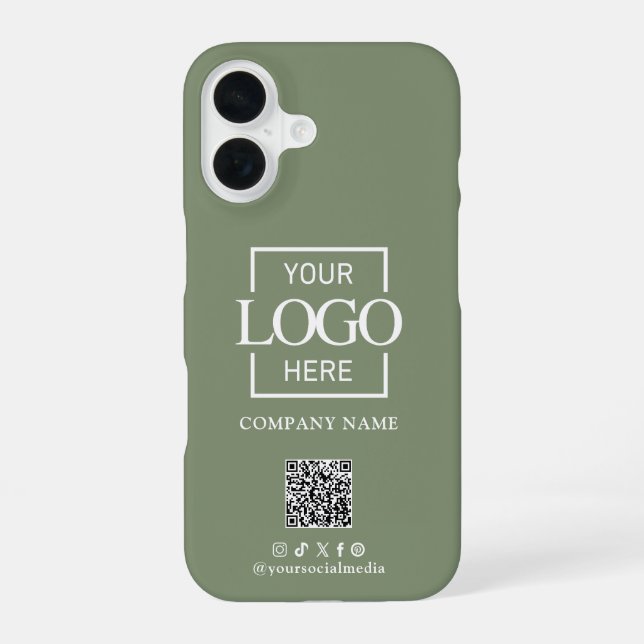 Coque iPhone 16 Sage Green Minimalist Business Logo & QR Code (Verso)