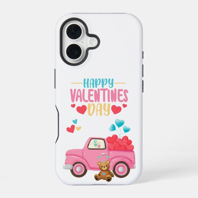 Coque iPhone 16 Saint Valentin Coeurs mignons Camion rose Teddy Be (Verso)