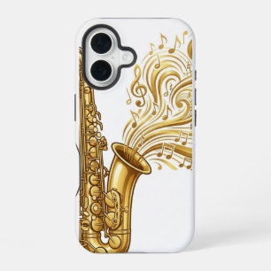 Coque iPhone 16 Saxophone Doré avec des Notes de Musique Tourbillo