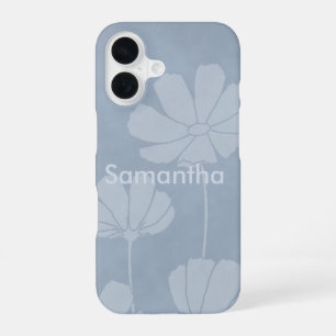 Coque iPhone 16 Silhouette délavée de fleurs de cosmos sur fond bl