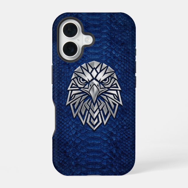 Coque iPhone 16 Silver Chrome Geometric Eagle Blue Python iPhone (Verso)