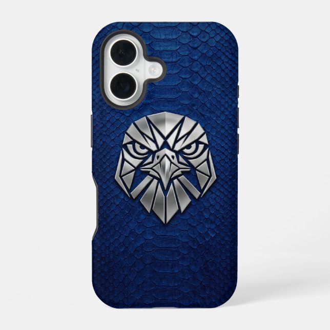 Coque iPhone 16 Silver Chrome Geometric Eagle Head Blue Python  (Verso)