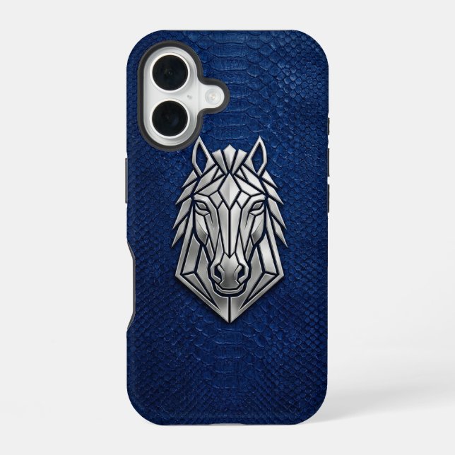 Coque iPhone 16 Silver Chrome Geometric Horse Blue Python iPhone (Verso)