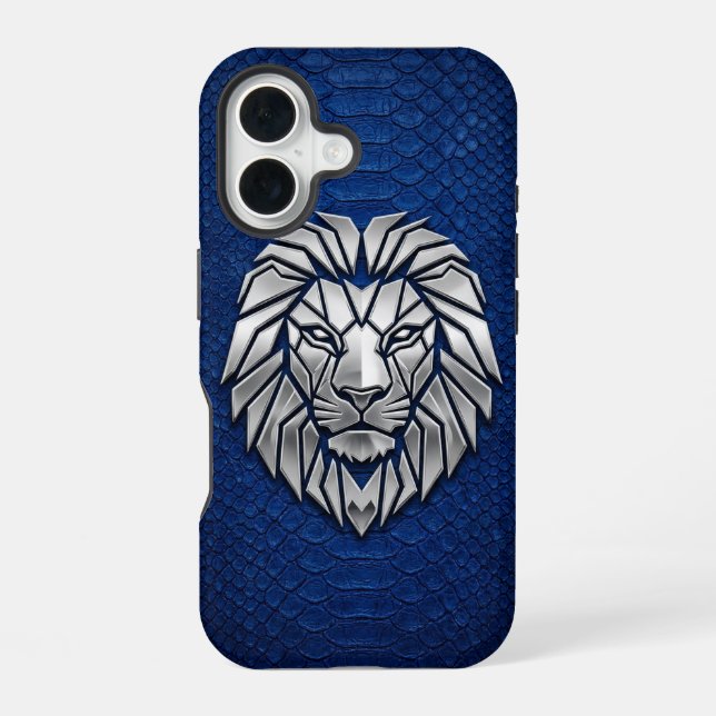 Coque iPhone 16 Silver Chrome Geometric Lion Blue Python iPhone (Verso)