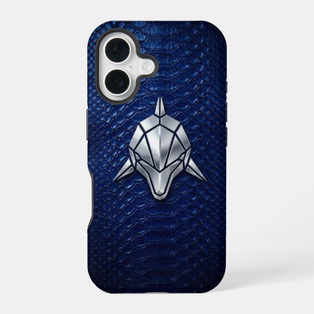 Coque iPhone 16 Silver Chrome Geometric Shark Blue Python iPhone (Verso)