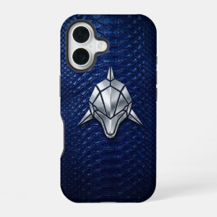 Coque iPhone 16 Silver Chrome Géométrique Requin Blue Python iPhon