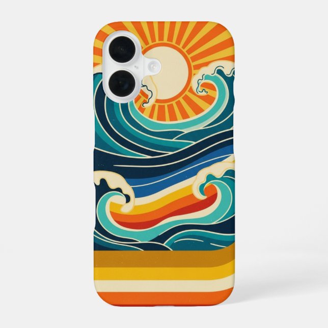 Coque iPhone 16 Soleil Rétro & Vagues (Verso)