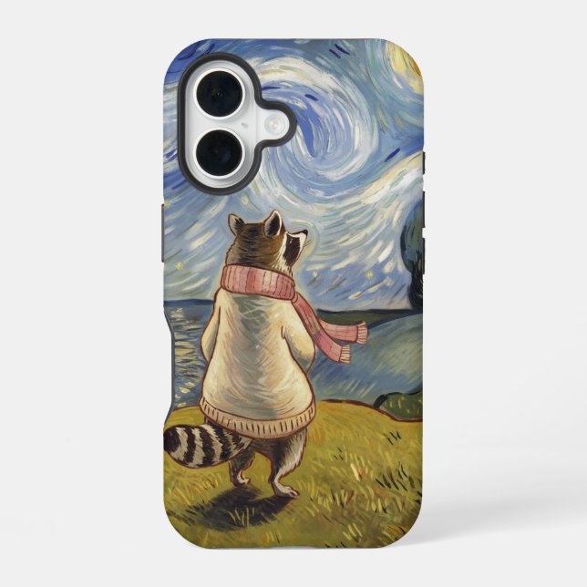 Coque iPhone 16 Starry Night Stroll - Cosy Raccoon Art (Verso)