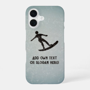 Coque iPhone 16 Surfeur sur look métal, noir et gris acier, person