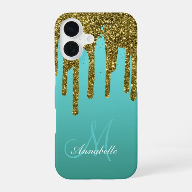 Coque iPhone 16 Teal Blue Green - Gold Glitter Drips Personalized (Verso)