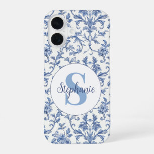 Coque iPhone 16 Toile Bleue Motif Floral Monogramme Nom