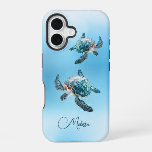 Coque iPhone 16 Tortue de mer turquoise scintillante Côtière
