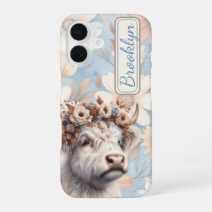 Coque iPhone 16 Vache Highland aux fleurs d'automne