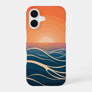 Coque iPhone 16 Vagues Rétro au Coucher du Soleil sur l'Océan