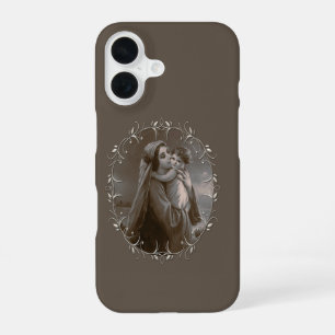Coque iPhone 16 Vierge vintage et enfant avec cadre argenté