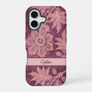 Coque iPhone 16 Vintage apparence rose et mauve Simulé Damas