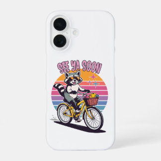 Coque iPhone 16 Vintage Raccoon Biking See Ya Soon Retro Sunset 
