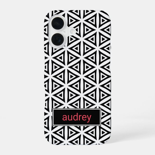 Coque iPhone 16 Votre nom Crisp Triangle noir et blanc Motif (Verso)