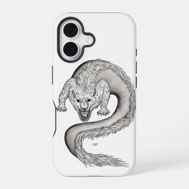 Coque iPhone 16 Wolfdragon design noir et blanc (Verso)