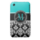 Girl Aqua Black Damask Votre nom de monogramme