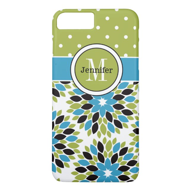 Coque iPhone 7 | Floral, points | Bleu, Vert 2 (Dos)