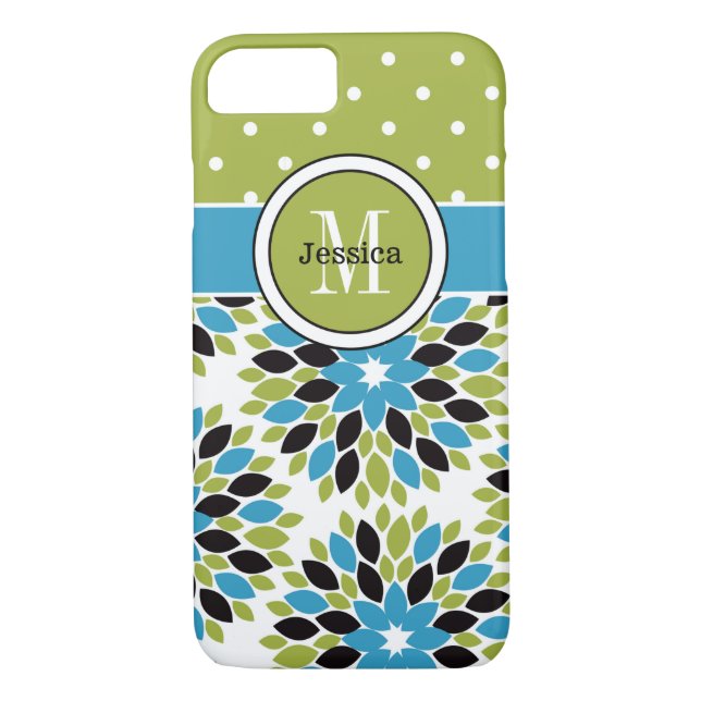 Coque iPhone 7 | Floral, points | Bleu, Vert 2 (Dos)